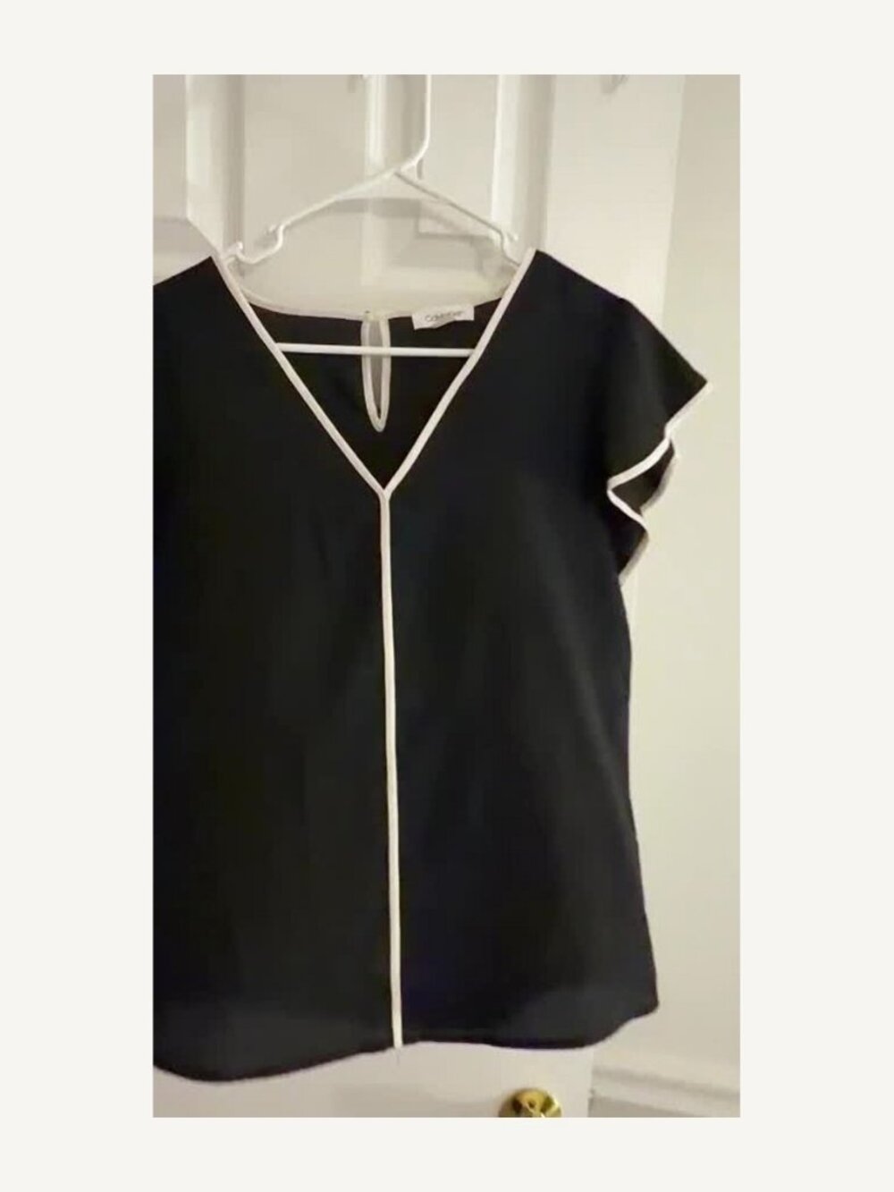 Calvin Klein Black White Piped Flutter Sleeve Blouse M
